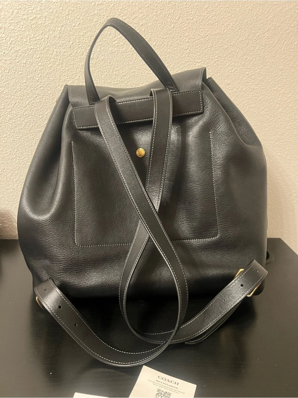 Coach Crosby Black Leather Flap Backpack with Front Pockets
